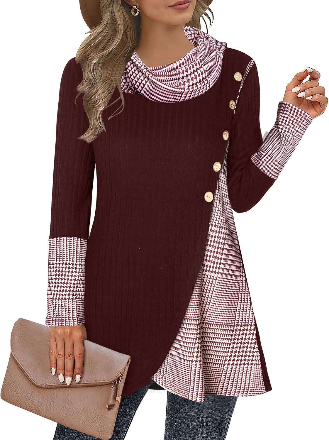 Women's Cowl Neck Pullover Sweaters Lightweight Long Sleeve Tunic Sweatshirts Asymmetric Hem Knit Sweater