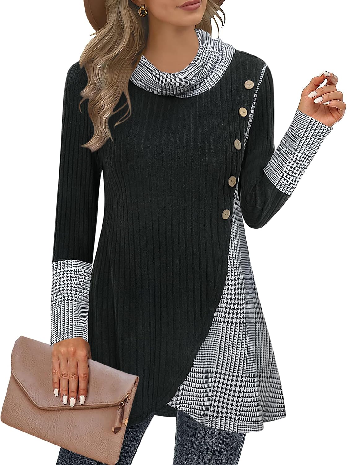 Women's Cowl Neck Pullover Sweaters Lightweight Long Sleeve Tunic Sweatshirts Asymmetric Hem Knit Sweater