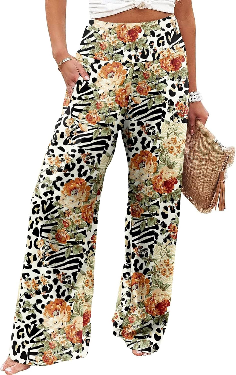 Women's Palazzo Lounge Pants Casual Wide Leg Pants High Waist Flowy Toursers with Pockets
