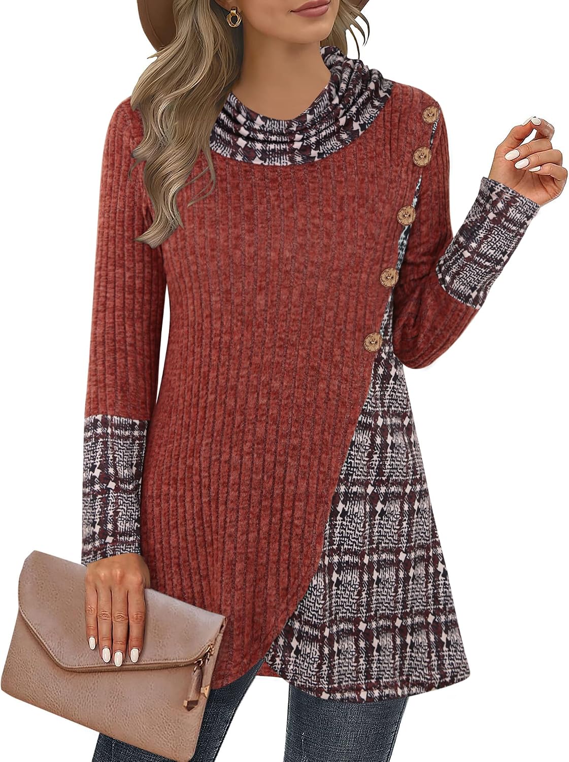 Women's Cowl Neck Pullover Sweaters Lightweight Long Sleeve Tunic Sweatshirts Asymmetric Hem Knit Sweater