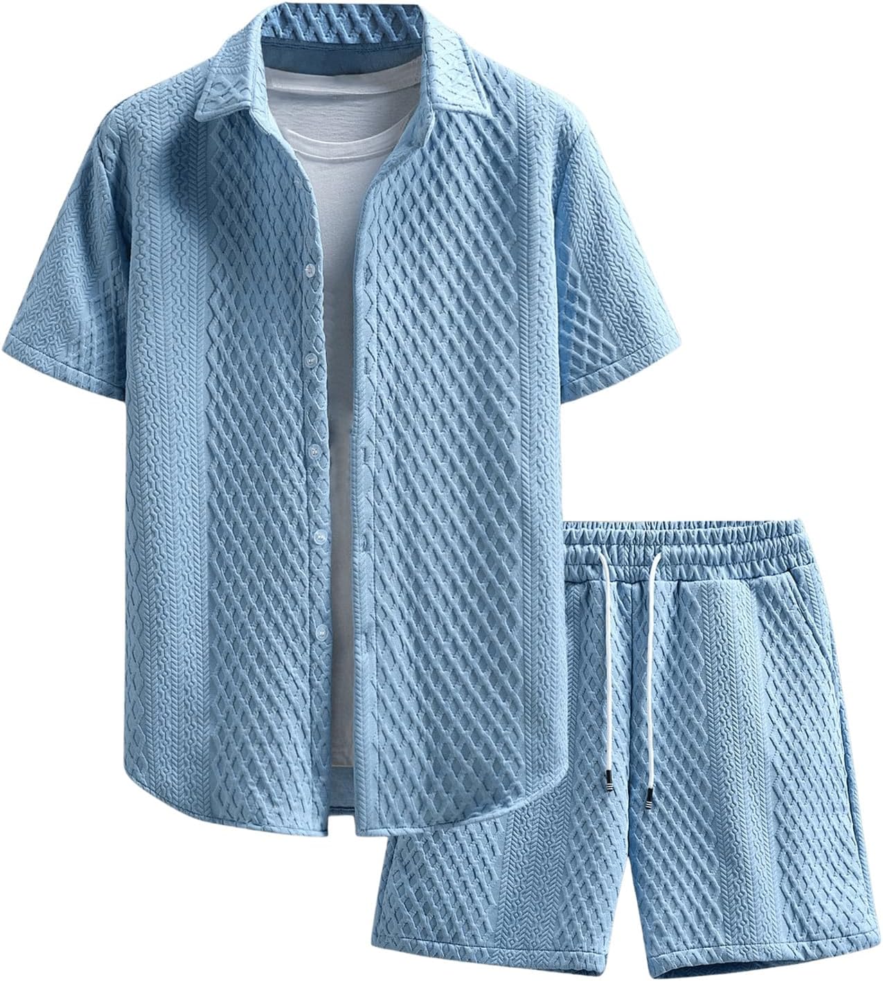 Men's 2 Piece Outfits Waffle Knit Button Down Shirt Top and Shorts Set