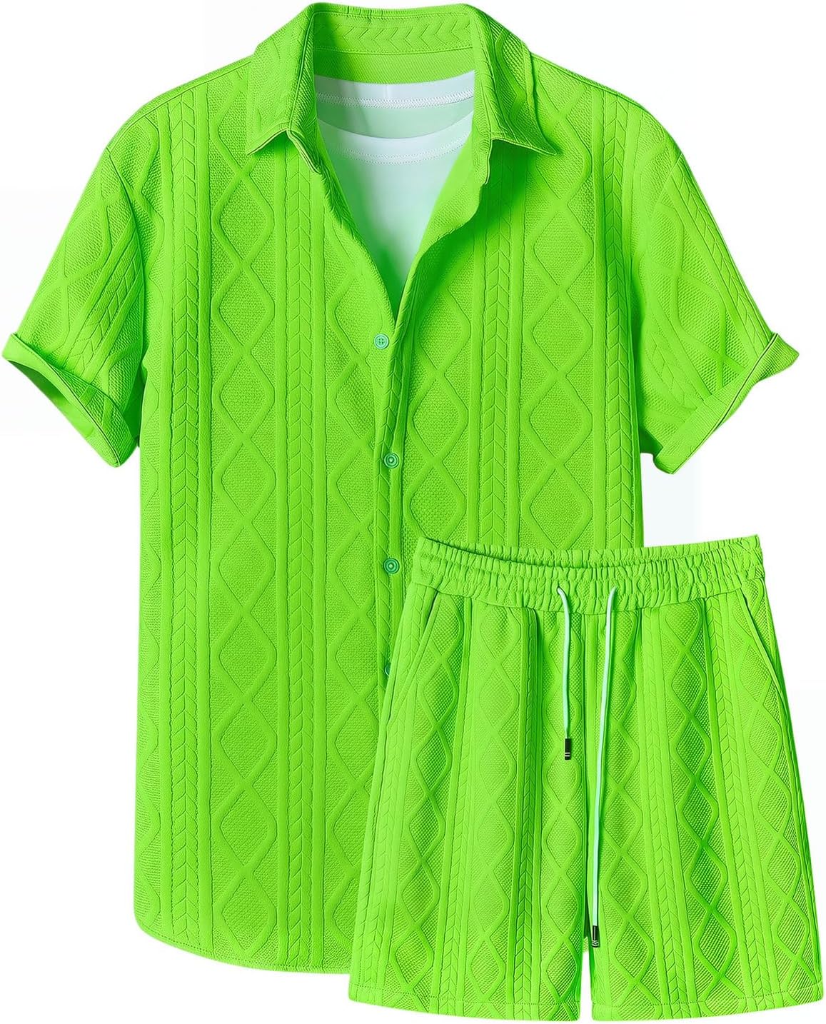 Men's 2 Piece Outfits Waffle Knit Button Down Shirt Top and Shorts Set