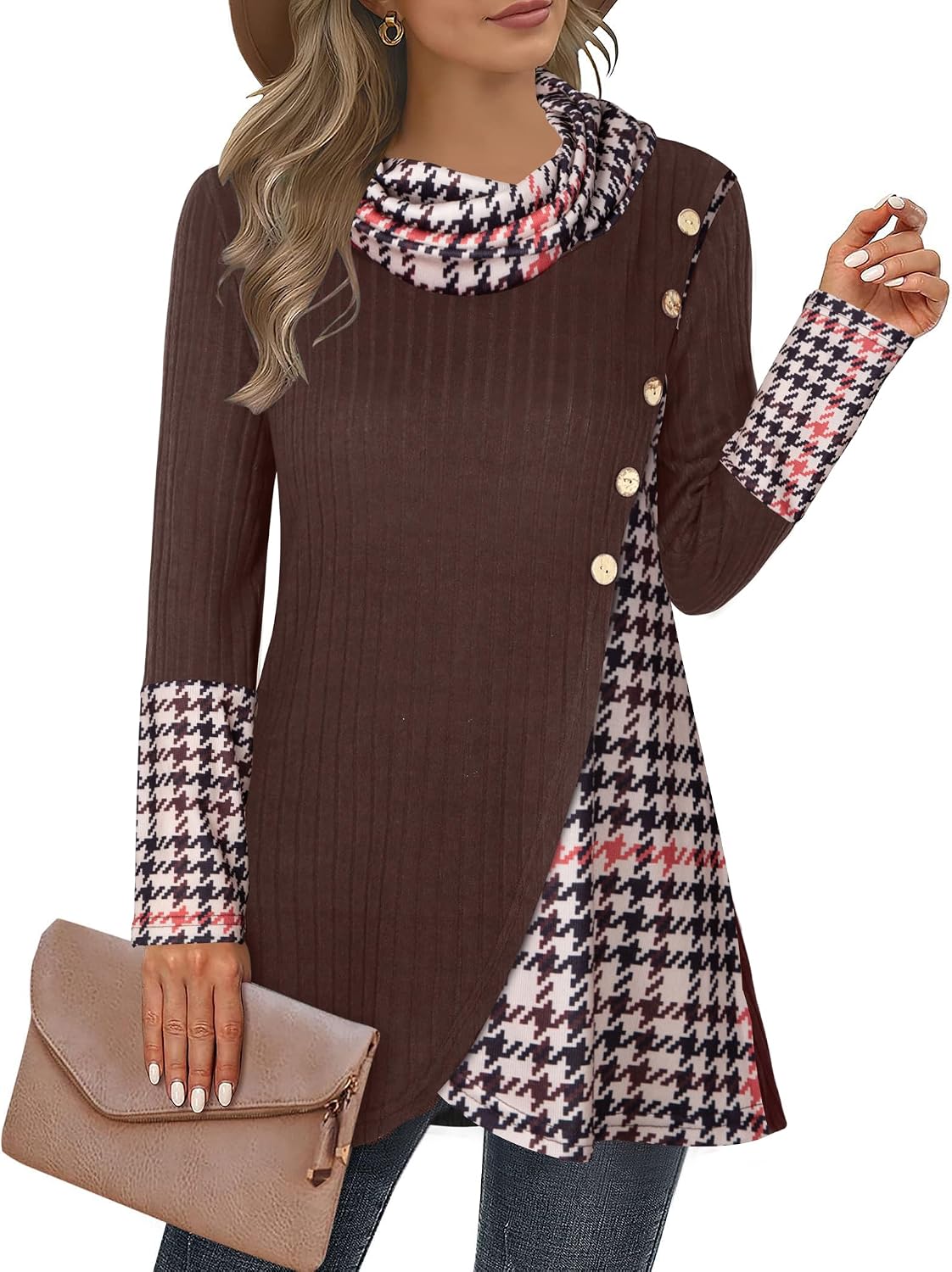 Women's Cowl Neck Pullover Sweaters Lightweight Long Sleeve Tunic Sweatshirts Asymmetric Hem Knit Sweater