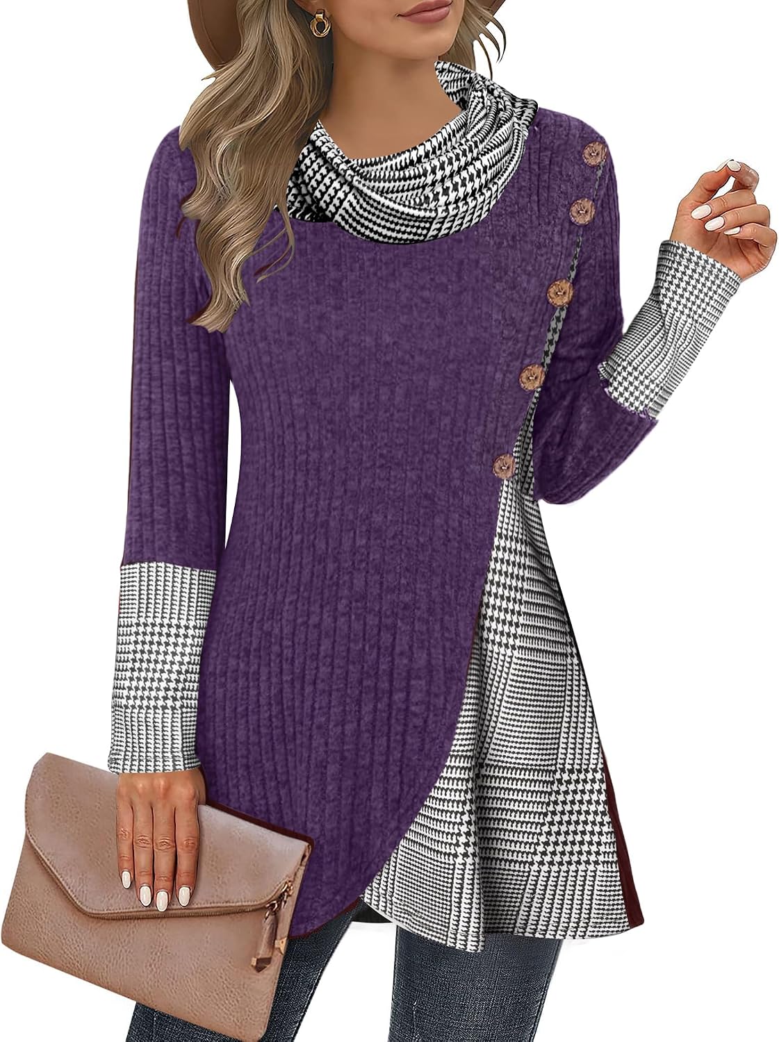 Women's Cowl Neck Pullover Sweaters Lightweight Long Sleeve Tunic Sweatshirts Asymmetric Hem Knit Sweater