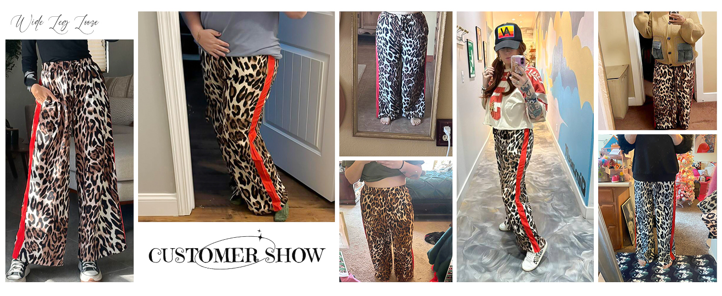 Women&amp;#39;s Casual Pants Drawstring Leopard Print Color Block Side Striped wide Leg Pants