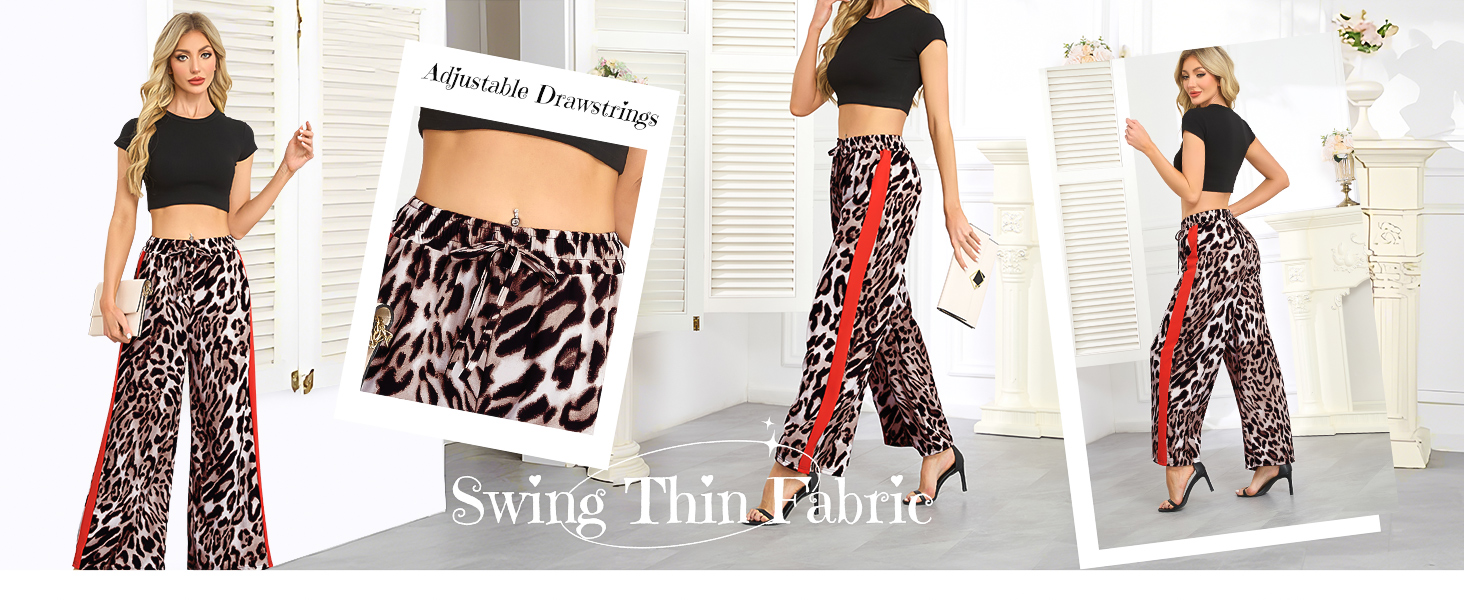 Women&amp;#39;s Casual Pants Drawstring Leopard Print Color Block Side Striped wide Leg Pants