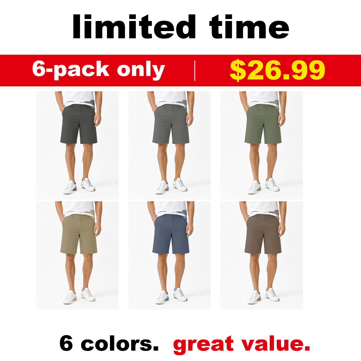 Pack & Save Men's Khaki Flat Front Chino Shorts, Stretch Casual Golf Shorts with Slant Pockets - Mixed 6-Pack