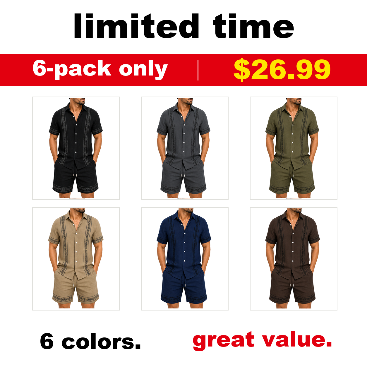 Pack & Save Men's Embroidered Resort Shirt and Shorts Set, Short Sleeve Button-Up Vacation Outfit - Mixed 6-Pack