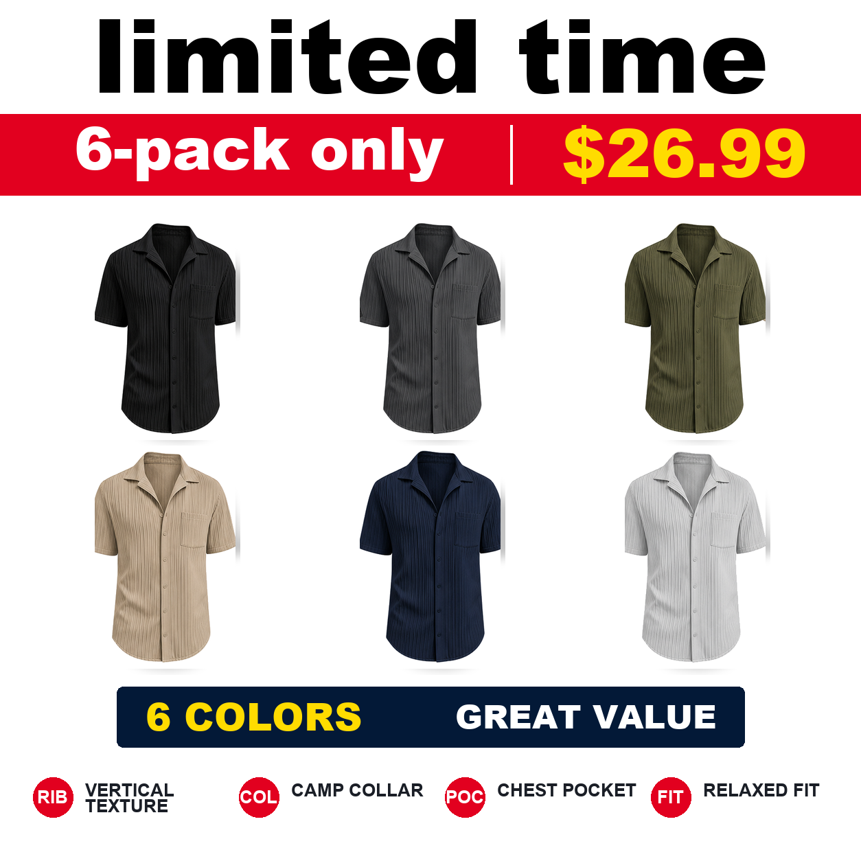 Pack & Save Men's Ribbed Short Sleeve Shirt, Pleated Camp Collar Casual Button-Up Summer Shirt