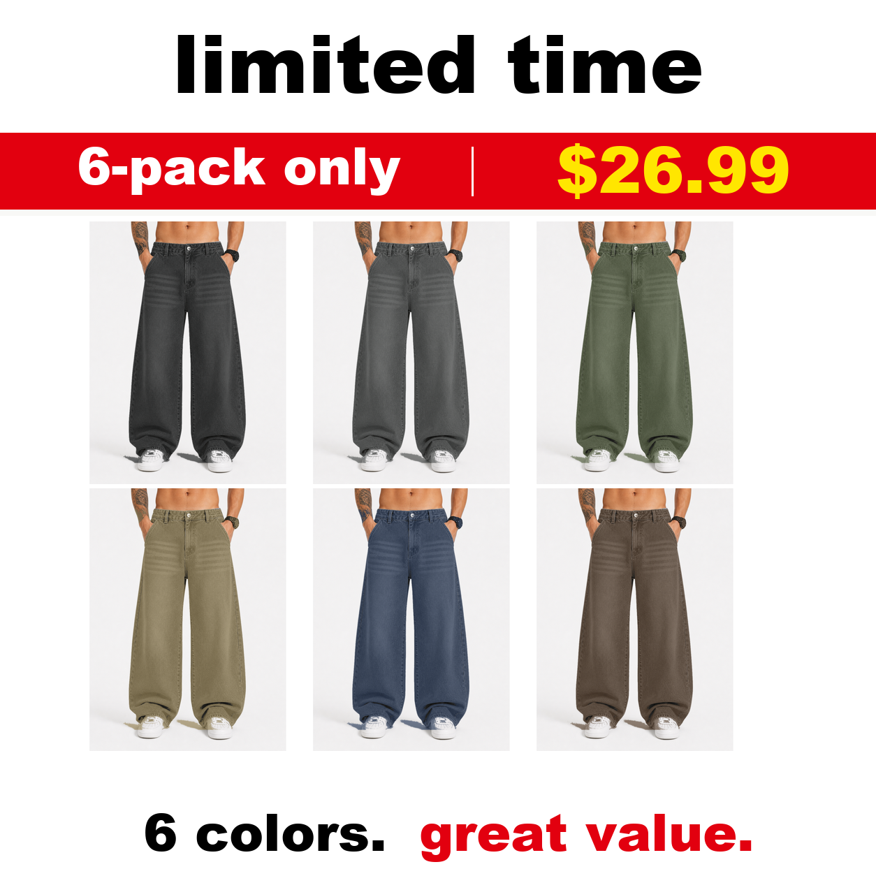 Pack & Save Men's Washed Gray Baggy Wide Leg Jeans, Relaxed Fit Streetwear Denim Pants - Mixed 6-Pack