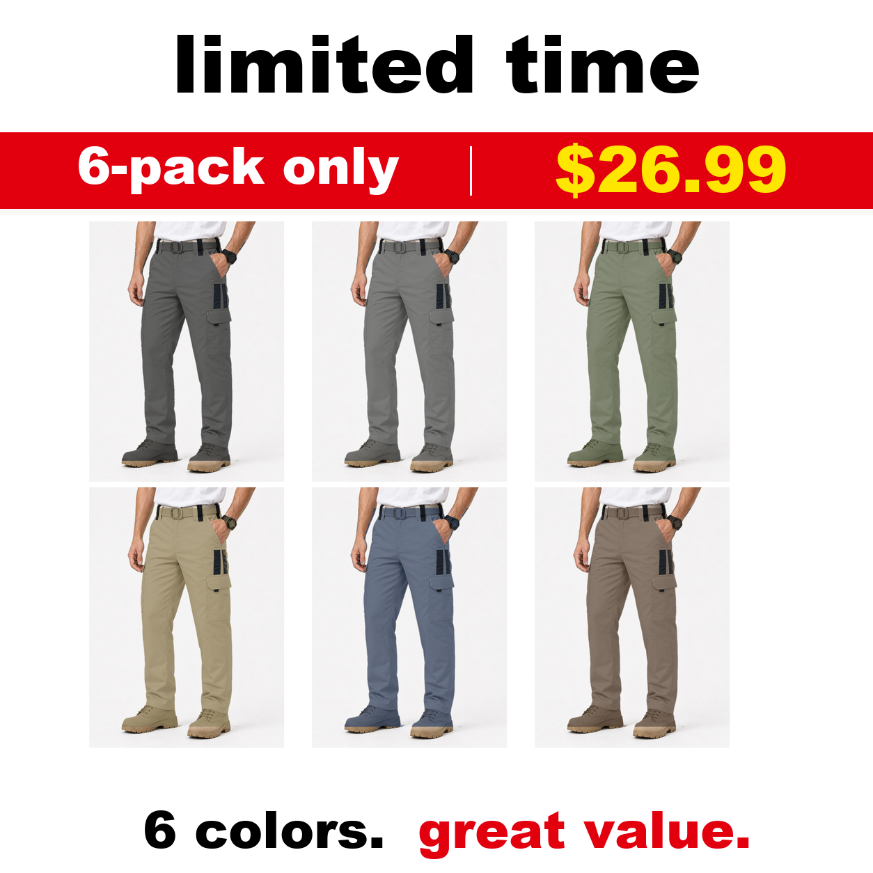 Pack & Save Men's Lightweight Tactical Cargo Work Pants, Built-In Belt Utility Pants with Multi-Pocket Storage - Mixed 6-Pack