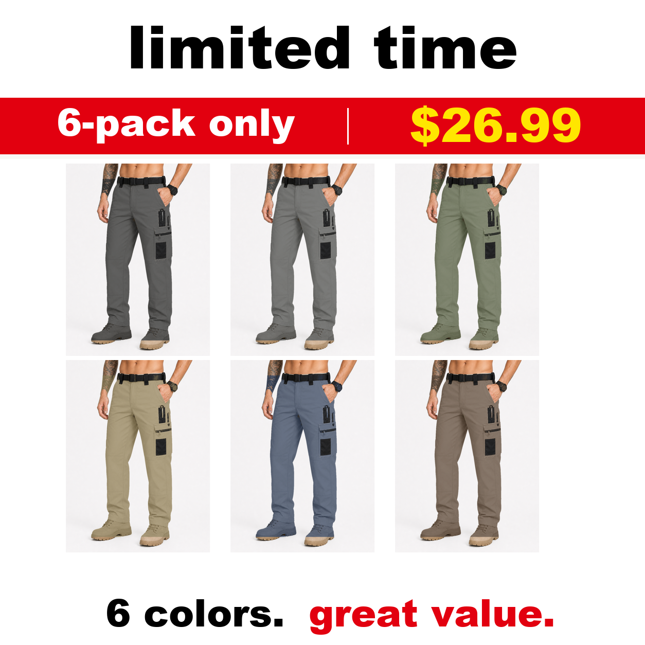 Pack & Save Men's Lightweight Tactical Cargo Pants, Black Belt Utility Work Pants with Multi-Pocket Storage