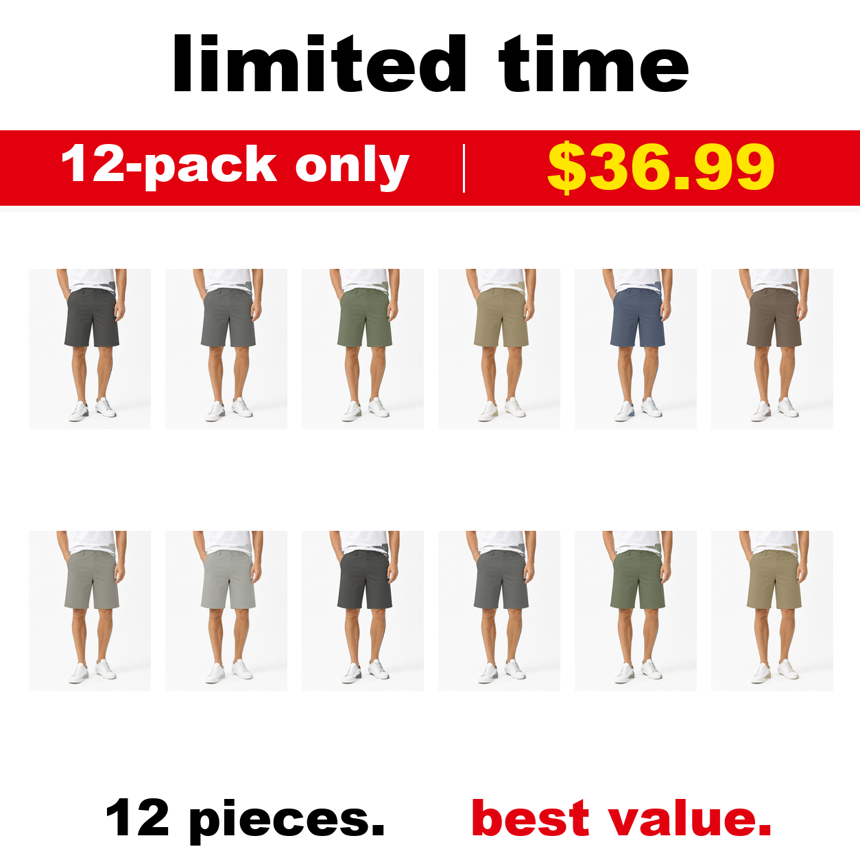 Pack & Save Men's Khaki Flat Front Chino Shorts, Stretch Casual Golf Shorts with Slant Pockets