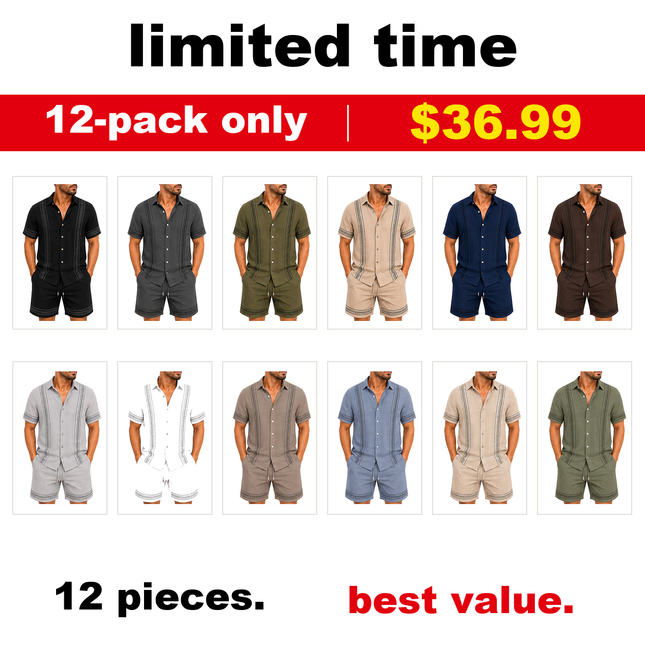 Pack & Save Men's Embroidered Resort Shirt and Shorts Set, Short Sleeve Button-Up Vacation Outfit