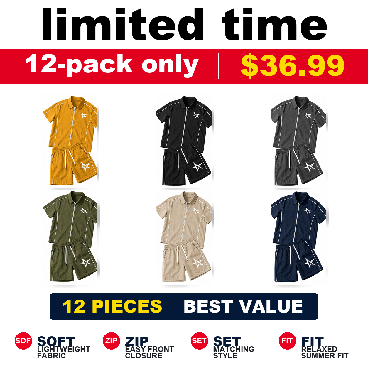 Pack & Save Men's Star Piping Zip Shirt and Shorts Set, Short Sleeve Casual Summer Outfit
