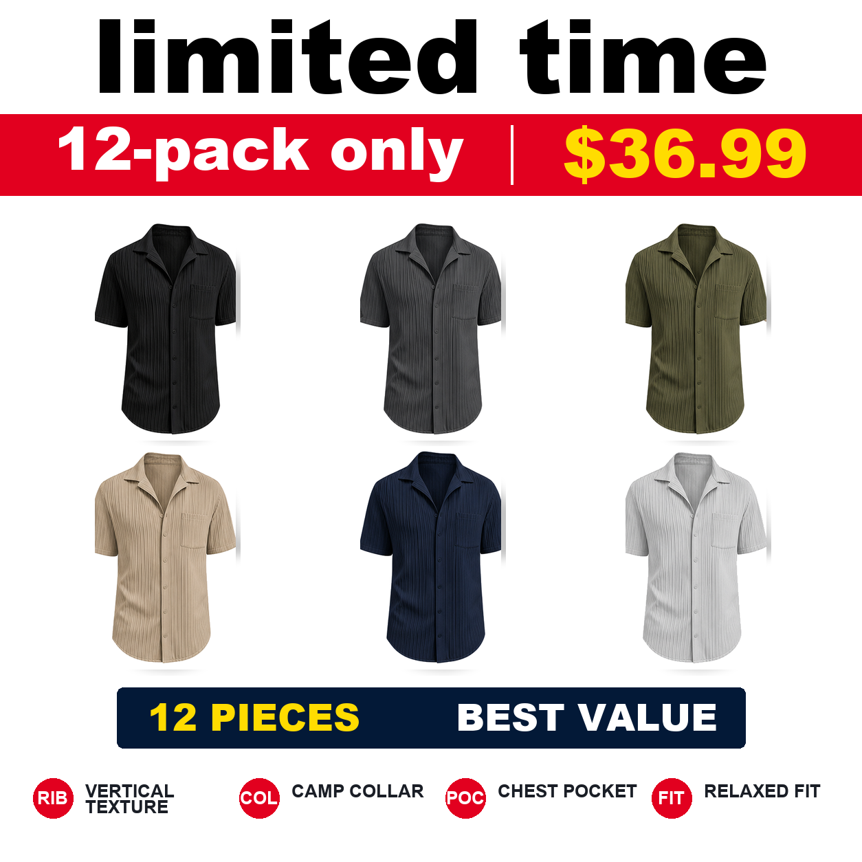 Pack & Save Men's Ribbed Short Sleeve Shirt, Pleated Camp Collar Casual Button-Up Summer Shirt