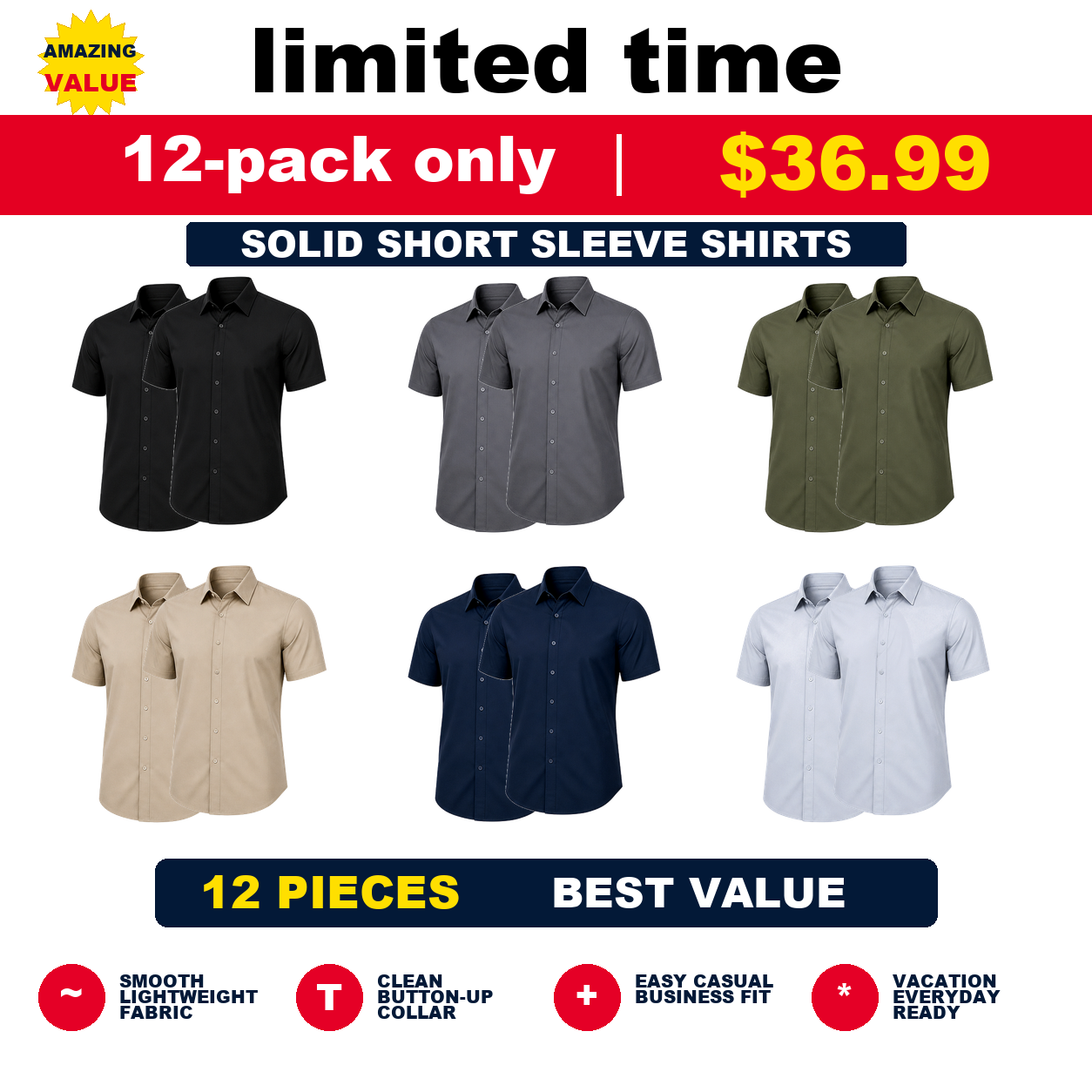 Pack & Save Men's Solid Short Sleeve Button-Up Shirt, Lightweight Collared Casual Business Shirt