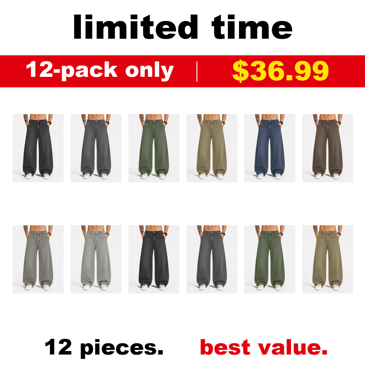 Pack & Save Men's Washed Gray Baggy Wide Leg Jeans, Relaxed Fit Streetwear Denim Pants