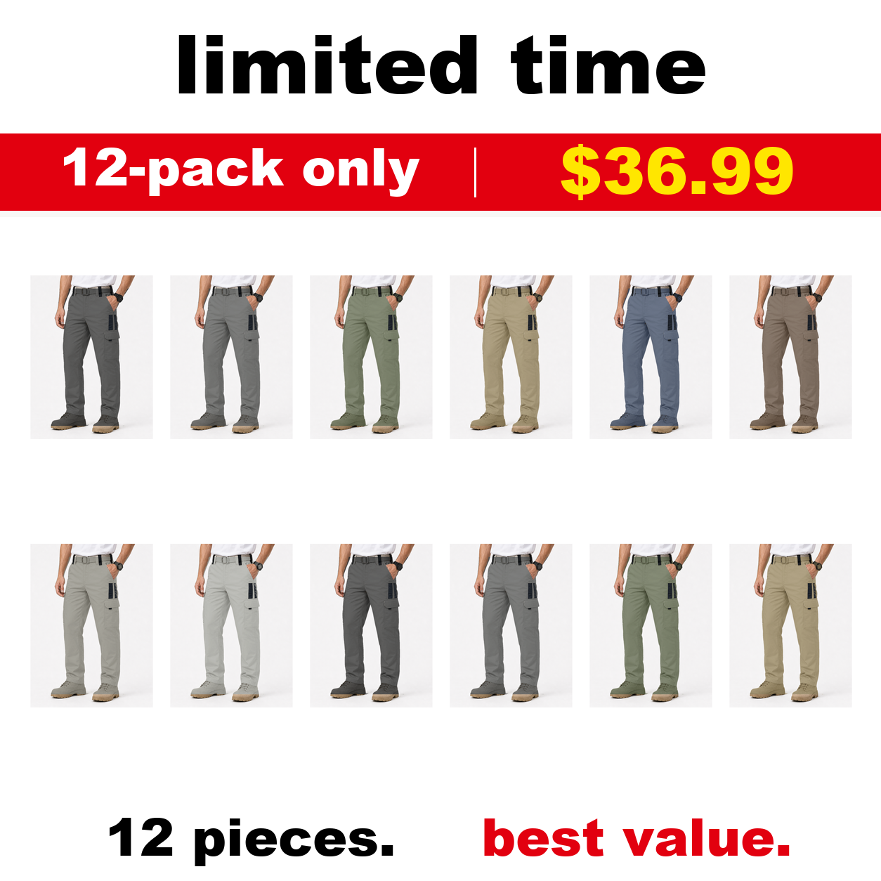 Pack & Save Men's Lightweight Tactical Cargo Work Pants, Built-In Belt Utility Pants with Multi-Pocket Storage