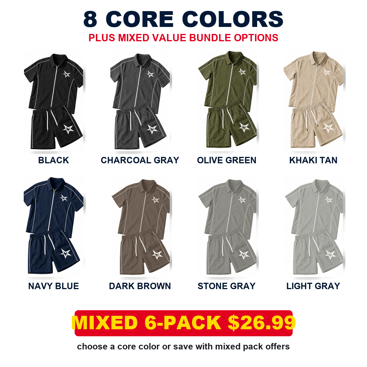 Pack & Save Men's Star Piping Zip Shirt and Shorts Set, Short Sleeve Casual Summer Outfit