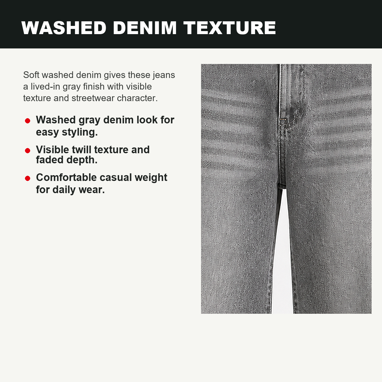 Pack & Save Men's Washed Gray Baggy Wide Leg Jeans, Relaxed Fit Streetwear Denim Pants