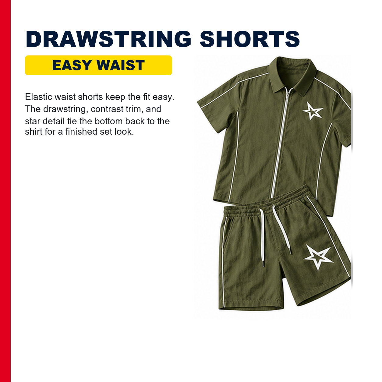 Pack & Save Men's Star Piping Zip Shirt and Shorts Set, Short Sleeve Casual Summer Outfit