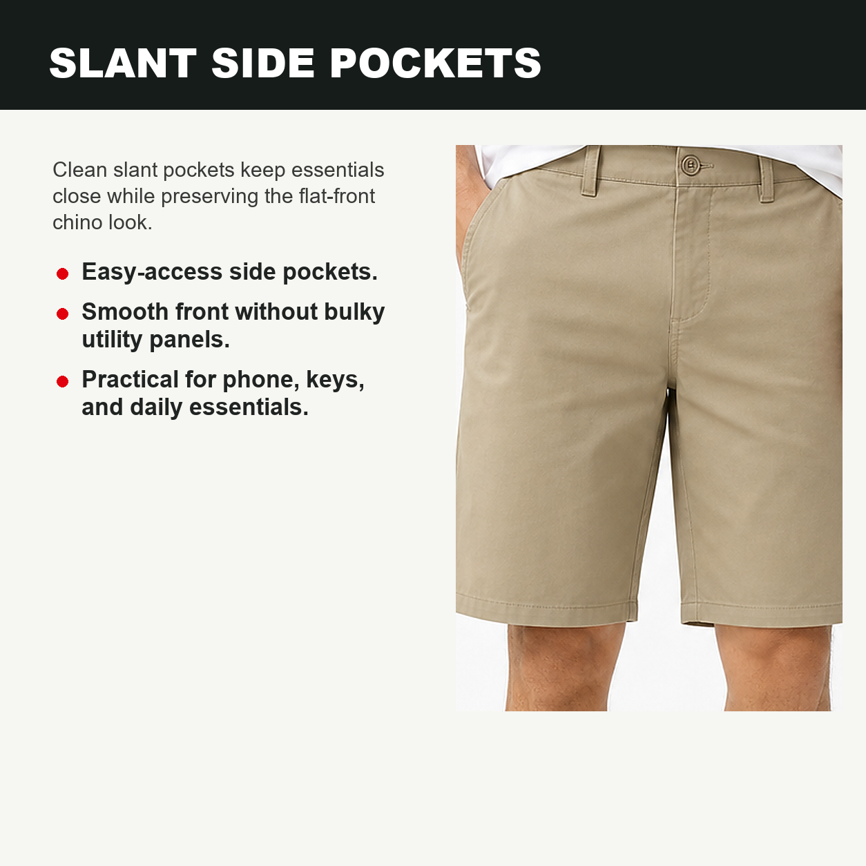 Pack & Save Men's Khaki Flat Front Chino Shorts, Stretch Casual Golf Shorts with Slant Pockets
