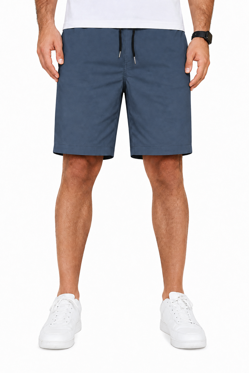Steel Blue men's woven drawstring shorts front view