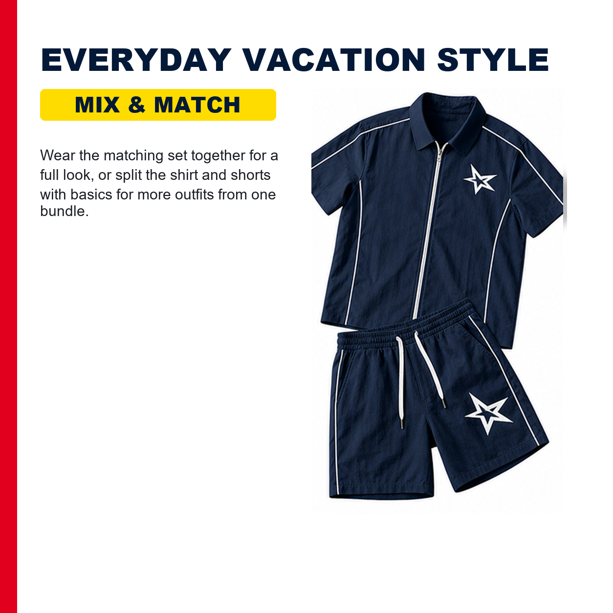 Pack & Save Men's Star Piping Zip Shirt and Shorts Set, Short Sleeve Casual Summer Outfit