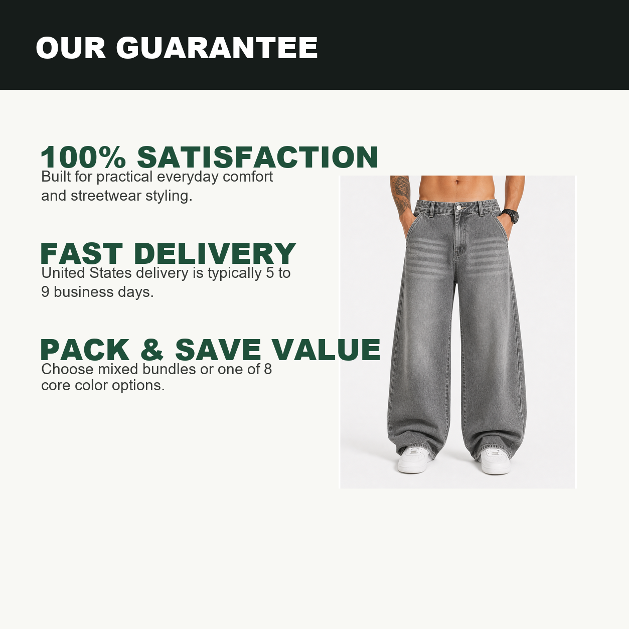 Pack & Save Men's Washed Gray Baggy Wide Leg Jeans, Relaxed Fit Streetwear Denim Pants