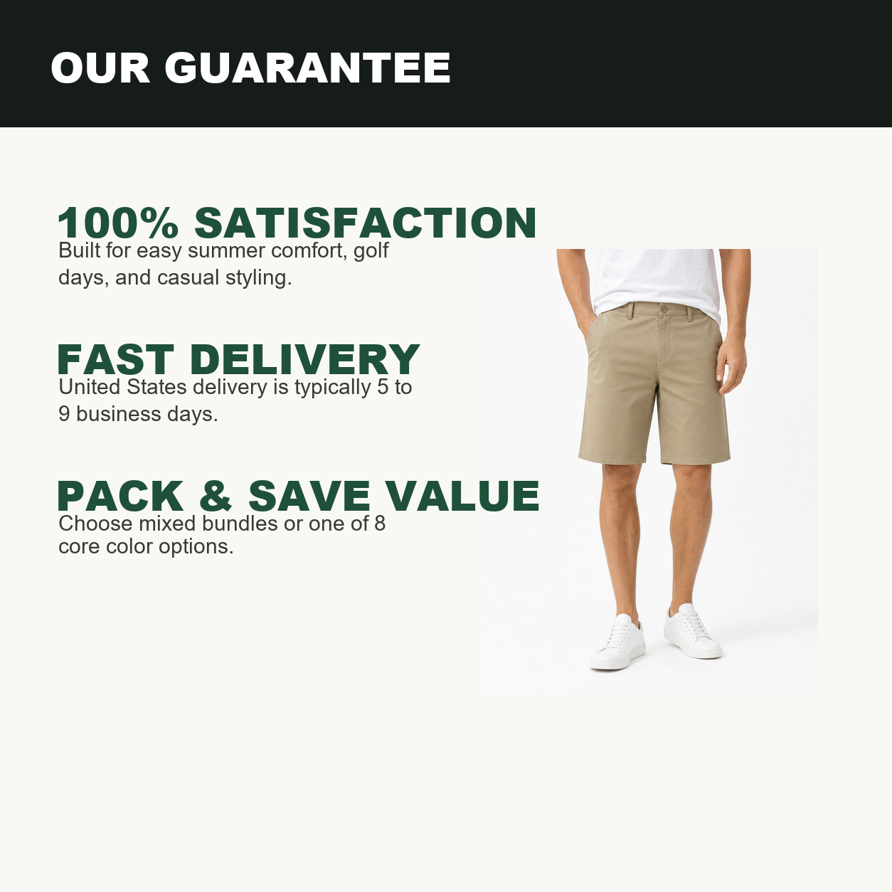 Pack & Save Men's Khaki Flat Front Chino Shorts, Stretch Casual Golf Shorts with Slant Pockets