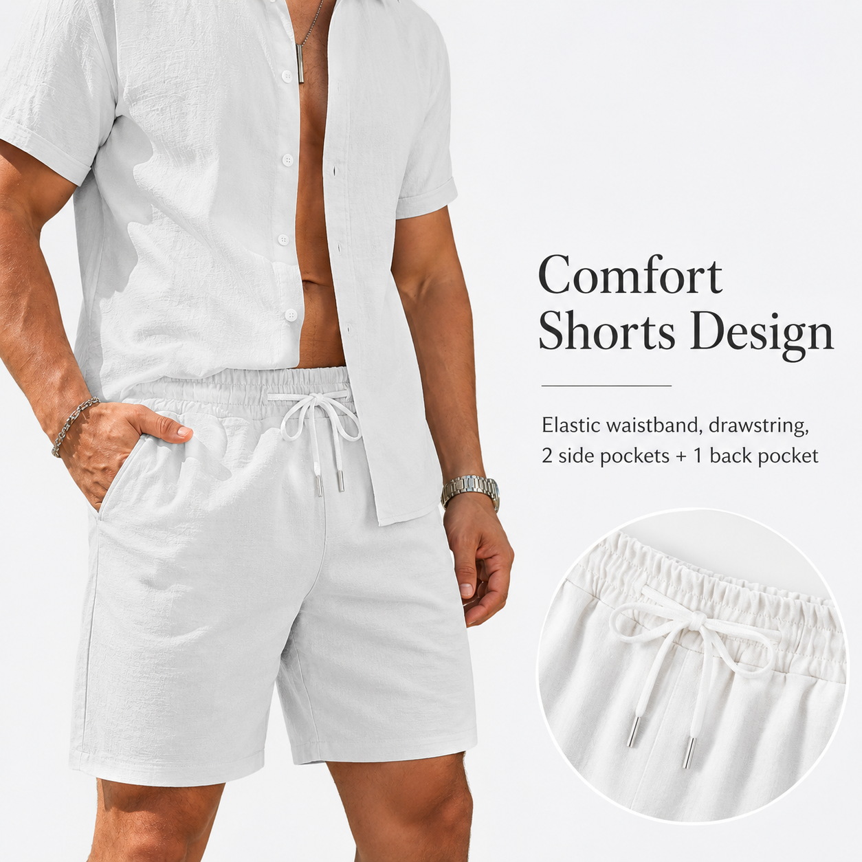 Elastic waistband, drawstring, and side-pocket detail