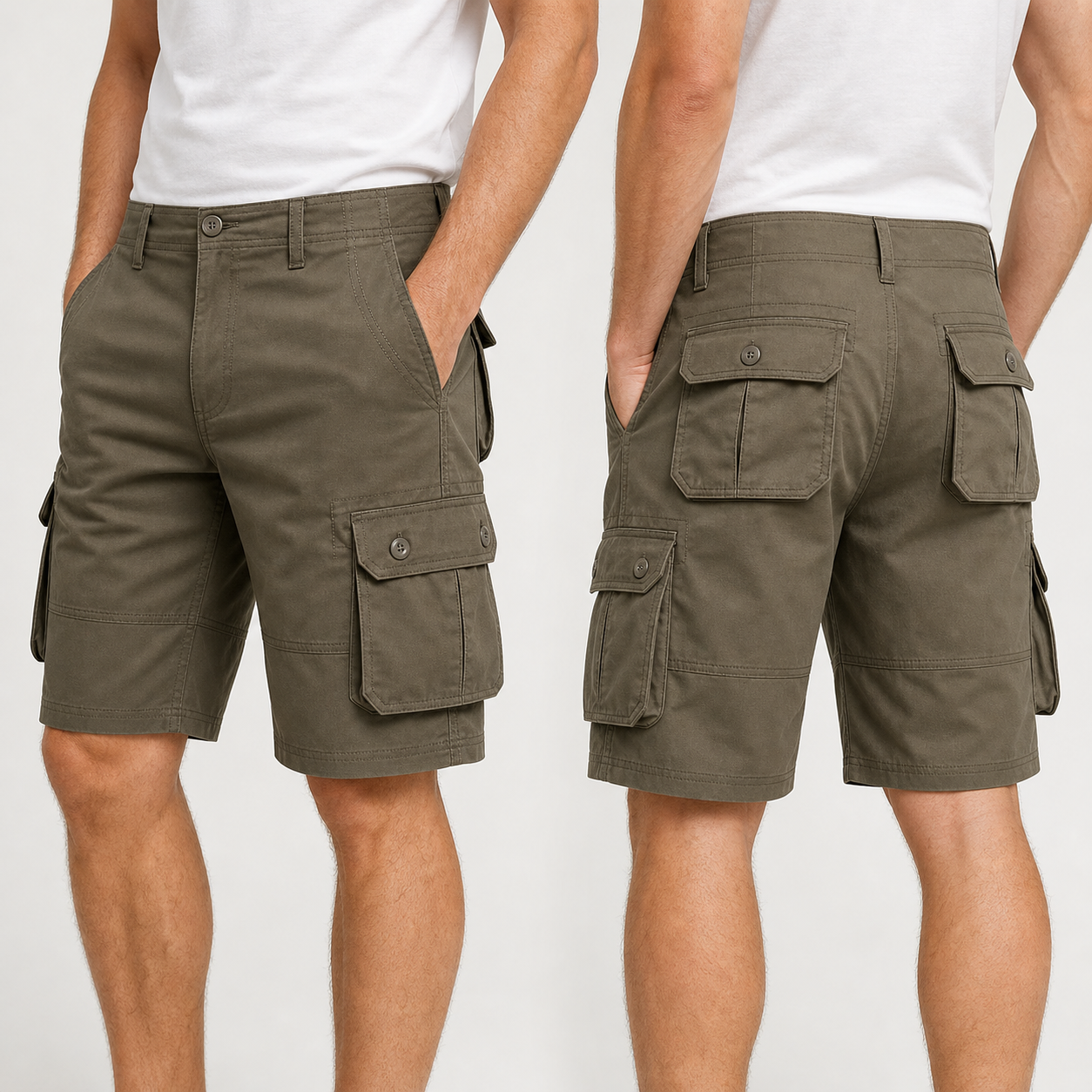 Front and back model display for men's button-flap cargo shorts