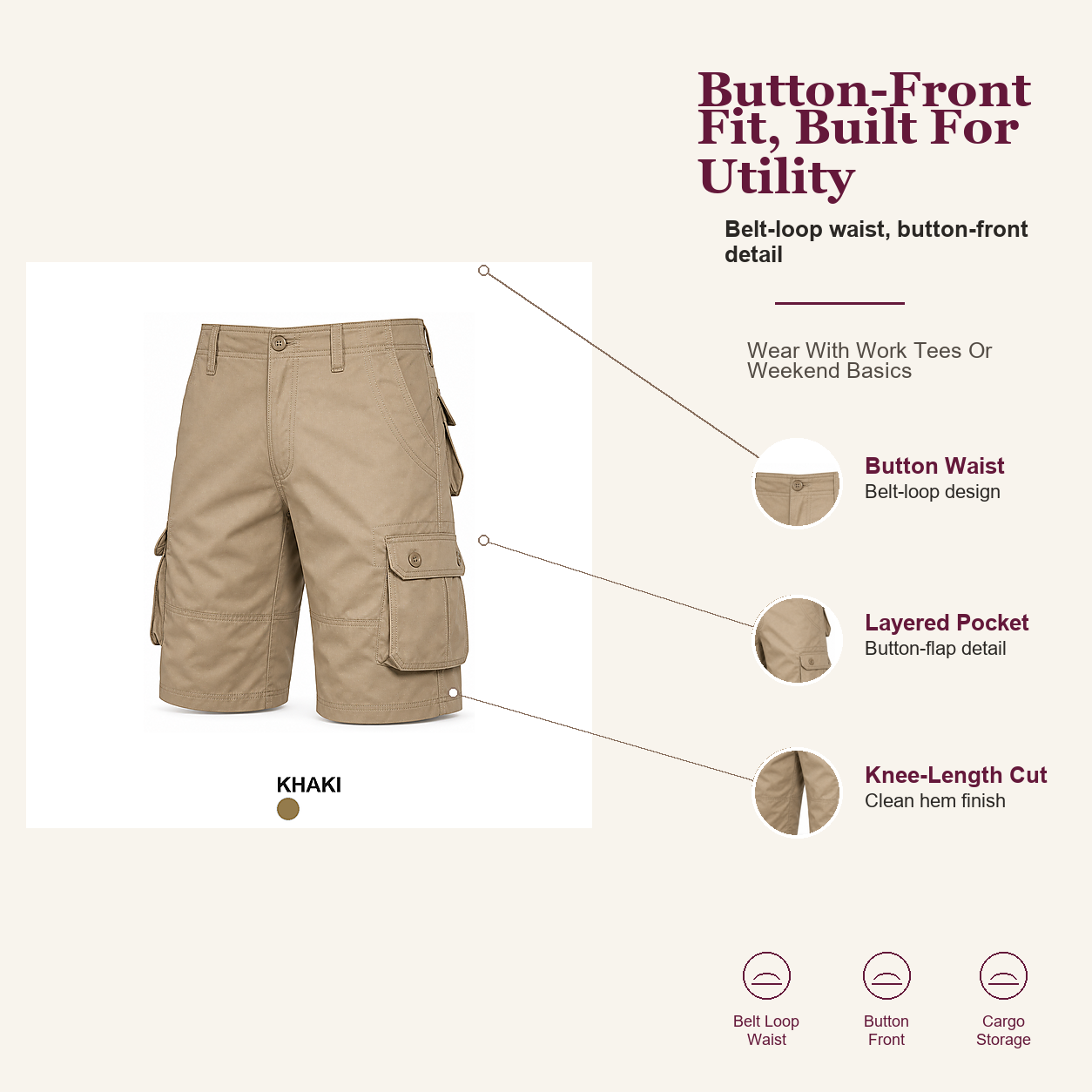 Khaki button-flap cargo shorts belt-loop waist and fit overview