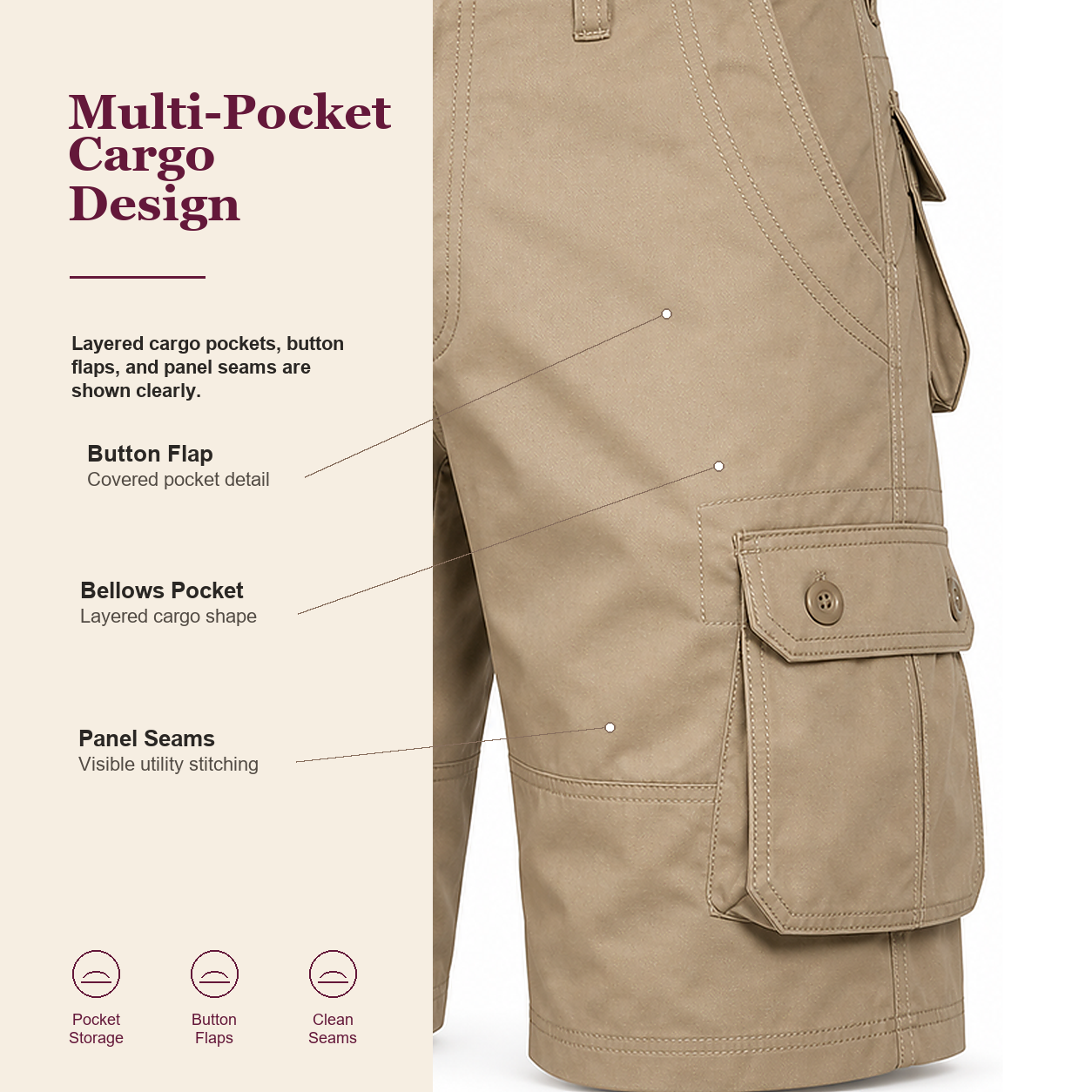 Khaki button-flap cargo shorts layered multi-pocket design