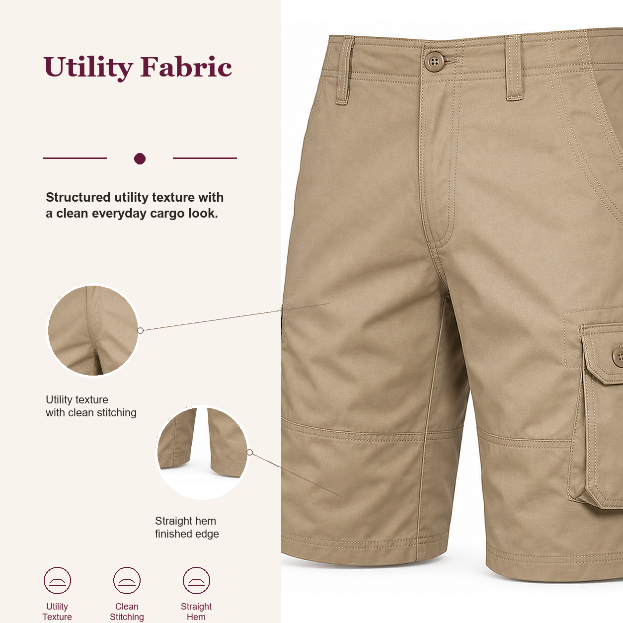 Khaki button-flap cargo shorts woven texture and panel hem finish