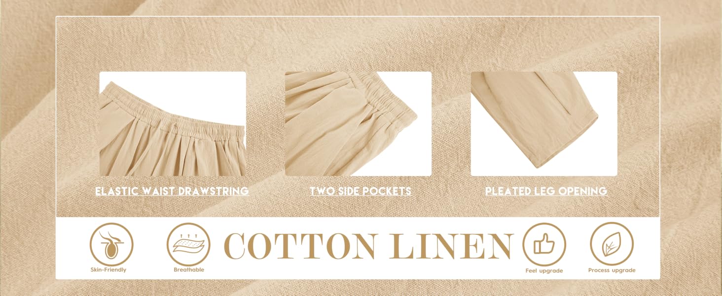 Elastic Waist Drawstring/ Two Side Pockets/ Pleated Leg Opening/High Quality Cotton Linen Fabric