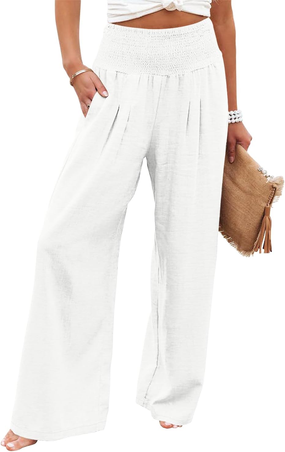 Womens Elastic High Waisted Palazzo Pants Casual Wide Leg Long Lounge Pant Trousers with Pocket