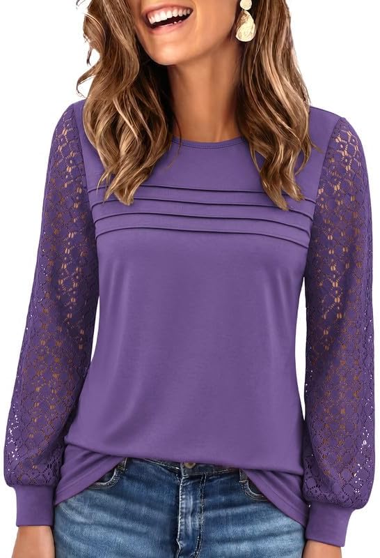 Womens Lace Long Sleeve Tops Long Sleeve Shirts Dressy Cute Fall Tops 2026 Casual T-Shirts Work Outfits Blouses