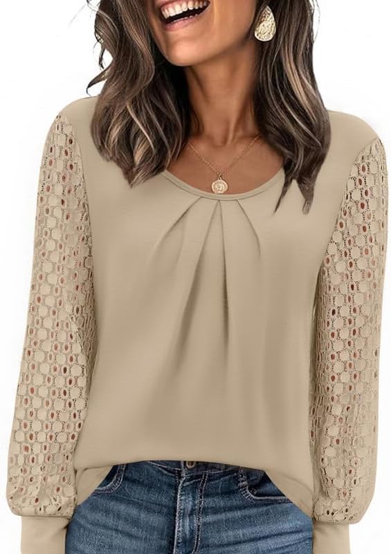 Womens Lace Long Sleeve Tops Long Sleeve Shirts Dressy Cute Fall Tops 2026 Casual T-Shirts Work Outfits Blouses
