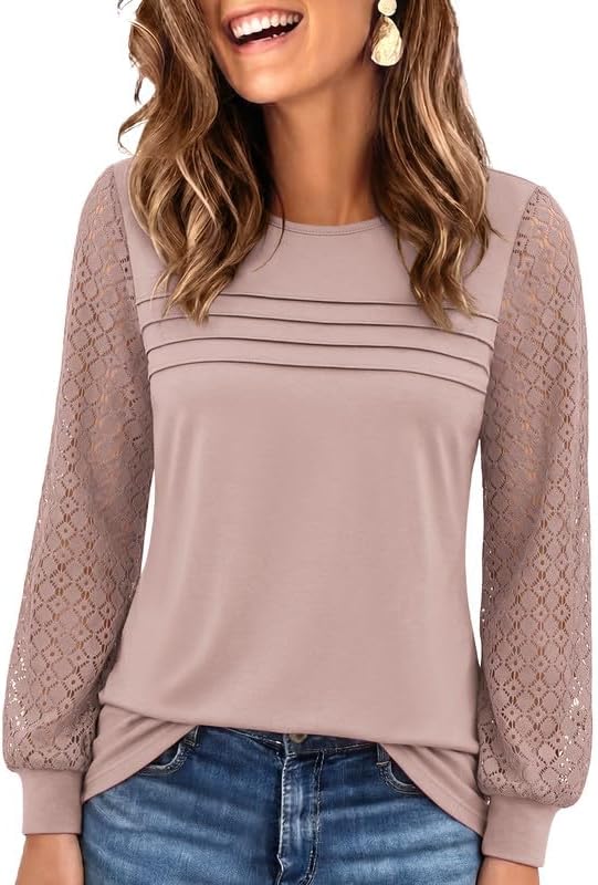 Womens Lace Long Sleeve Tops Long Sleeve Shirts Dressy Cute Fall Tops 2026 Casual T-Shirts Work Outfits Blouses