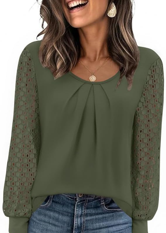Womens Lace Long Sleeve Tops Long Sleeve Shirts Dressy Cute Fall Tops 2026 Casual T-Shirts Work Outfits Blouses