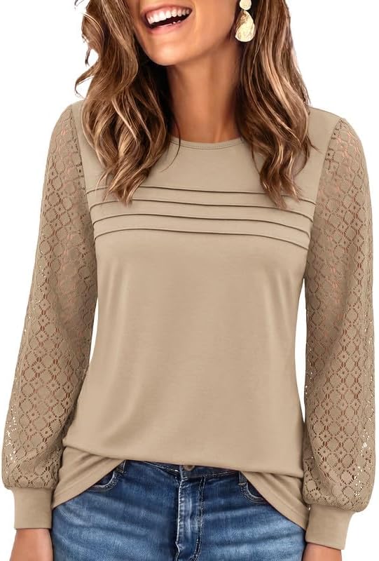 Womens Lace Long Sleeve Tops Long Sleeve Shirts Dressy Cute Fall Tops 2026 Casual T-Shirts Work Outfits Blouses