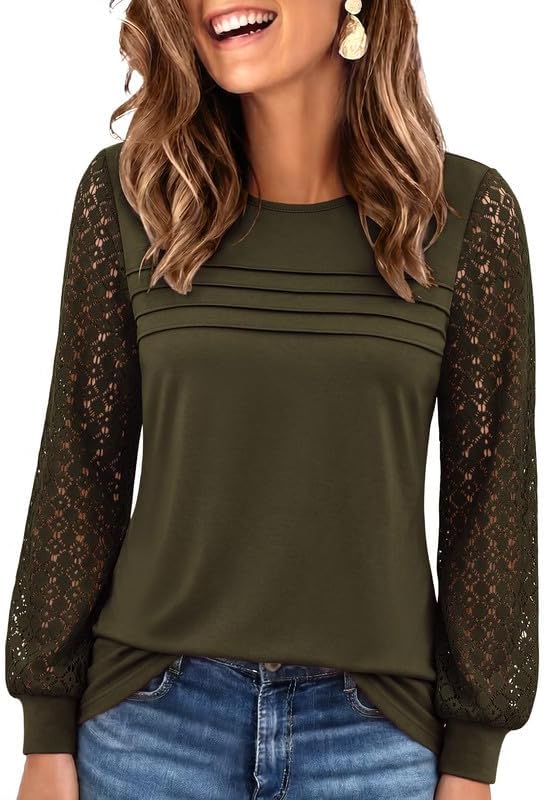 Womens Lace Long Sleeve Tops Long Sleeve Shirts Dressy Cute Fall Tops 2026 Casual T-Shirts Work Outfits Blouses