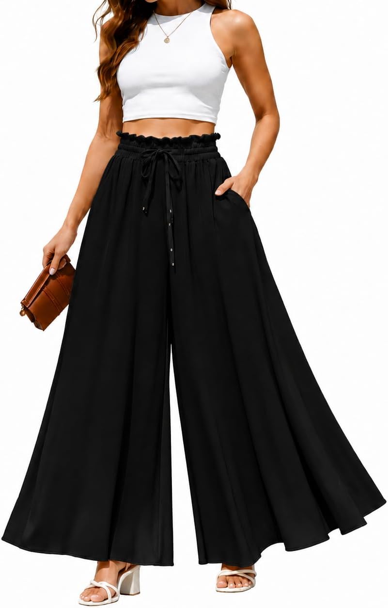 Wide Leg Palazzo Pants for Women High Waisted Drawstring Flowy Trousers with Pockets, Casual Summer Vacation Pants