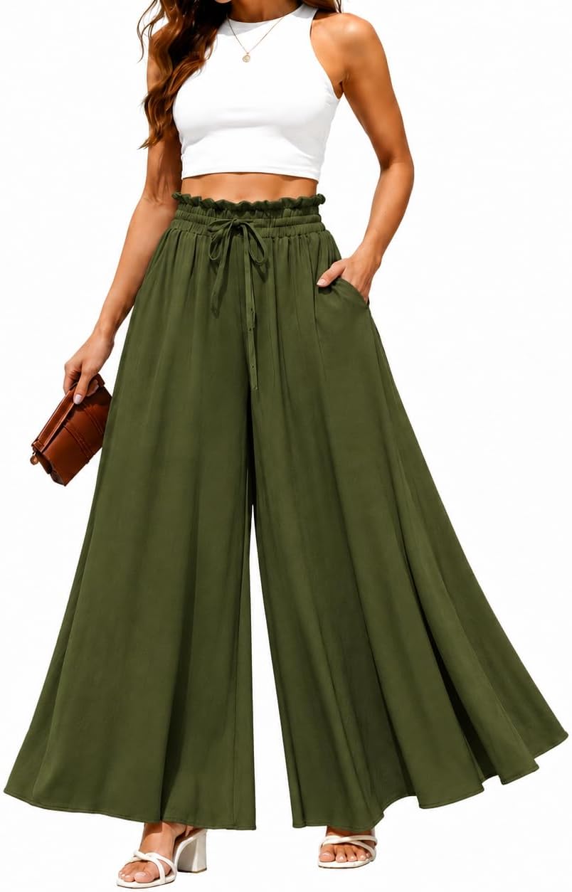 Wide Leg Palazzo Pants for Women High Waisted Drawstring Flowy Trousers with Pockets, Casual Summer Vacation Pants