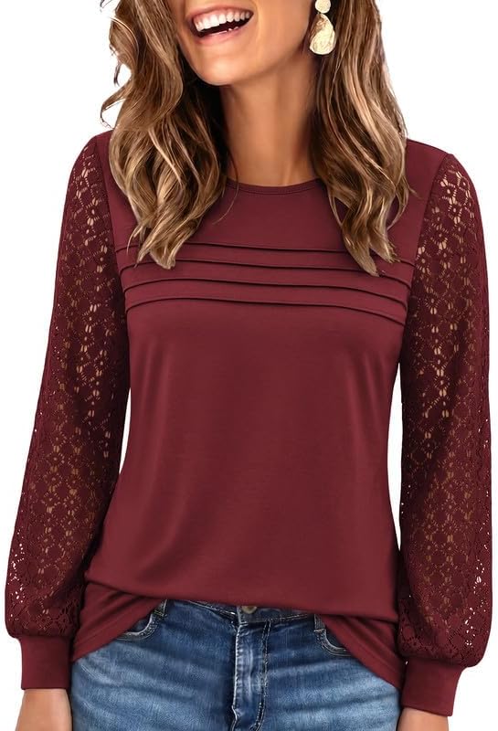 Womens Lace Long Sleeve Tops Long Sleeve Shirts Dressy Cute Fall Tops 2026 Casual T-Shirts Work Outfits Blouses