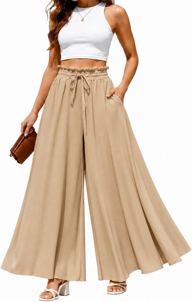 Wide Leg Palazzo Pants for Women High Waisted Drawstring Flowy Trousers with Pockets, Casual Summer Vacation Pants