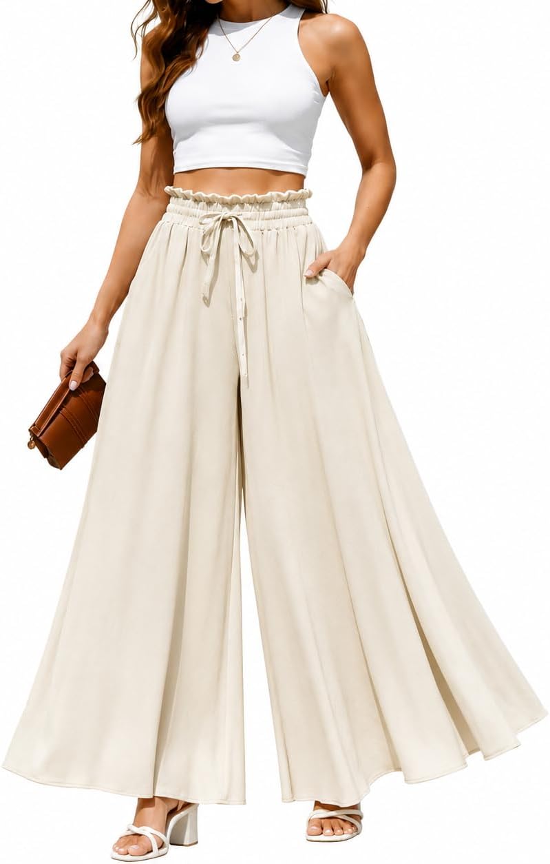 Wide Leg Palazzo Pants for Women High Waisted Drawstring Flowy Trousers with Pockets, Casual Summer Vacation Pants