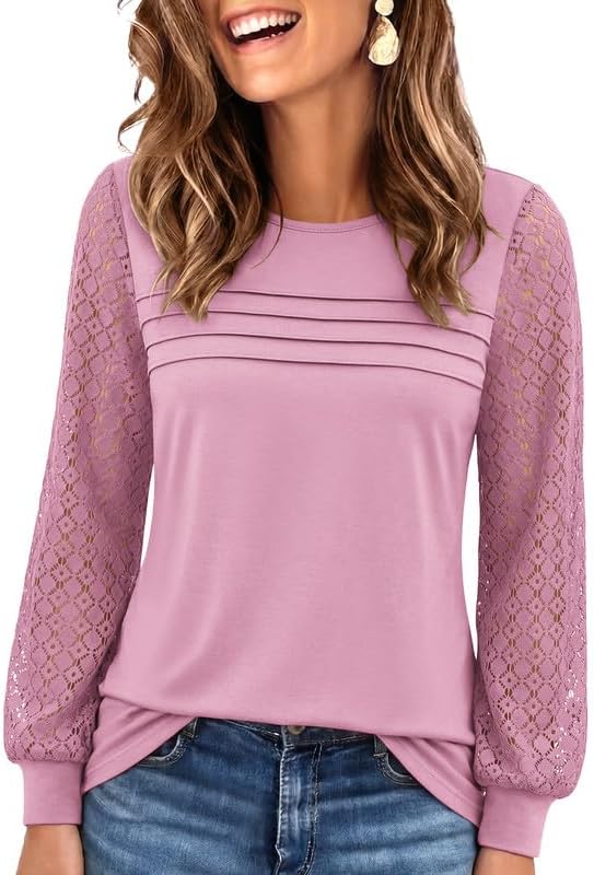 Womens Lace Long Sleeve Tops Long Sleeve Shirts Dressy Cute Fall Tops 2026 Casual T-Shirts Work Outfits Blouses